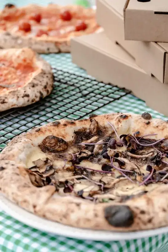 Wild mushroom Bosco pizza with microgreens close up